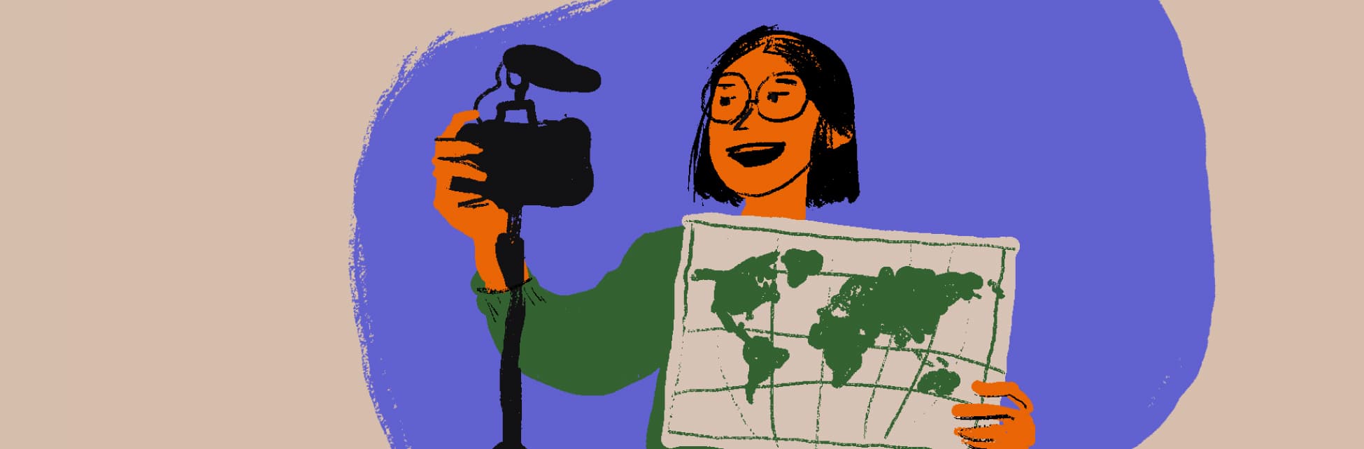 Ilustración. Sobre un fondo beige con una mancha irregular de color violeta, aparece una persona de cabello corto y gafas redondas. Sostiene con una mano una cámara de video sobre un trípode y con la otra, un mapa del mundo en proyección rectangular donde se distinguen los continentes en color oscuro. La persona sonríe y parece estar grabando o presentando algo frente a la cámara.