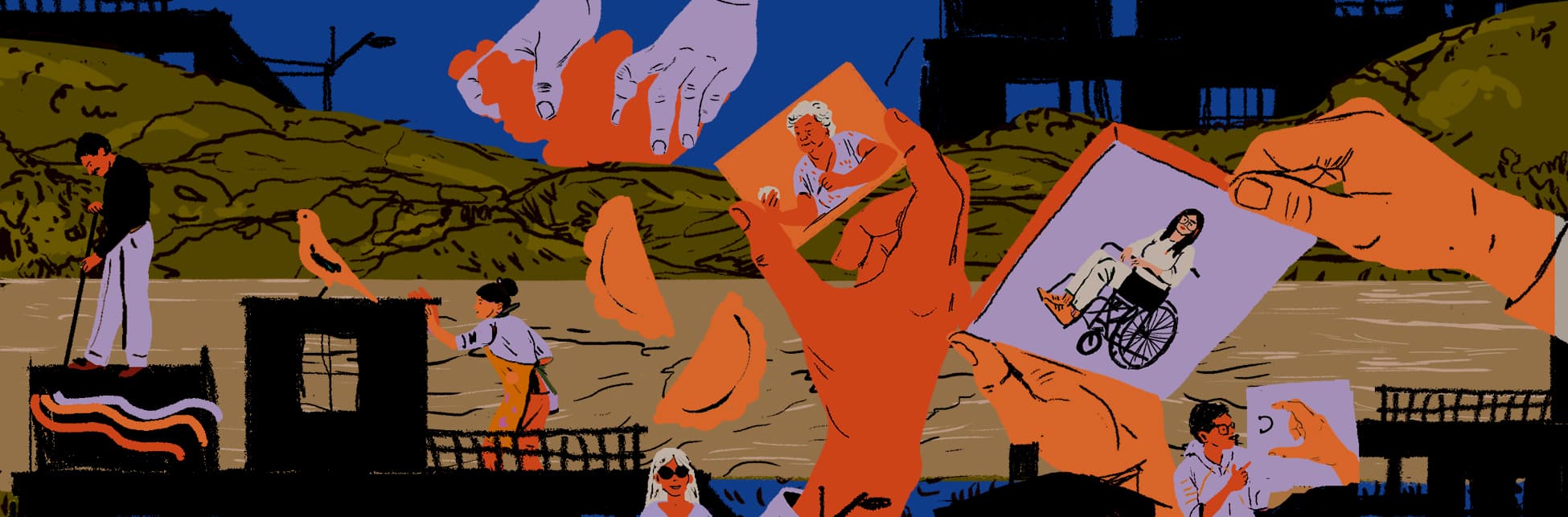 Ilustración. En primer plano se ven manos color naranja sujetando fotografías de dos mujeres, una en silla de ruedas y otra comiendo una empanada. Más atrás, pueden verse otras mujeres, una apoyada contra una pared, de perfil, y otra de frente con unas gafas de sol. Al fondo, se ve un río color café, unos cerros café oscuros y el cielo azul, donde hay dos manos amasando saliendo de la parte superior. 