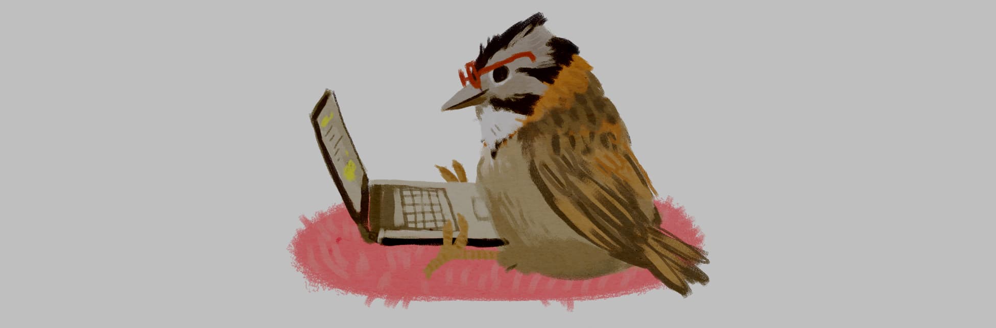 Ilustración. En la parte inferior de la imagen un pájaro pequeño está sentado de perfil, tiene lentes rojos y frente a él hay un computador portátil.