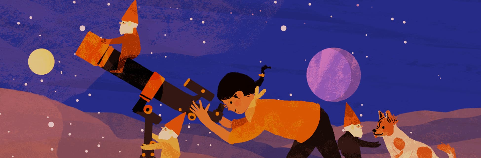 Ilustración. De perfil y sobre un fondo de planetas y estrellas, una niña está inclinada mirando por un telescopio. Hay un gnomo sentado sobre el telescopio, otro sosteniendo el trípode y, a espaldas de la niña, otro parece conversar con un perrito.