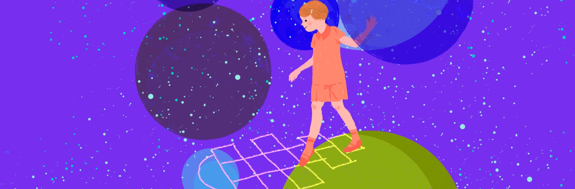 Ilustración. Sobre un fondo estrellado y colorido una niña parada sobre una rayuela que parece pintada con tiza. 