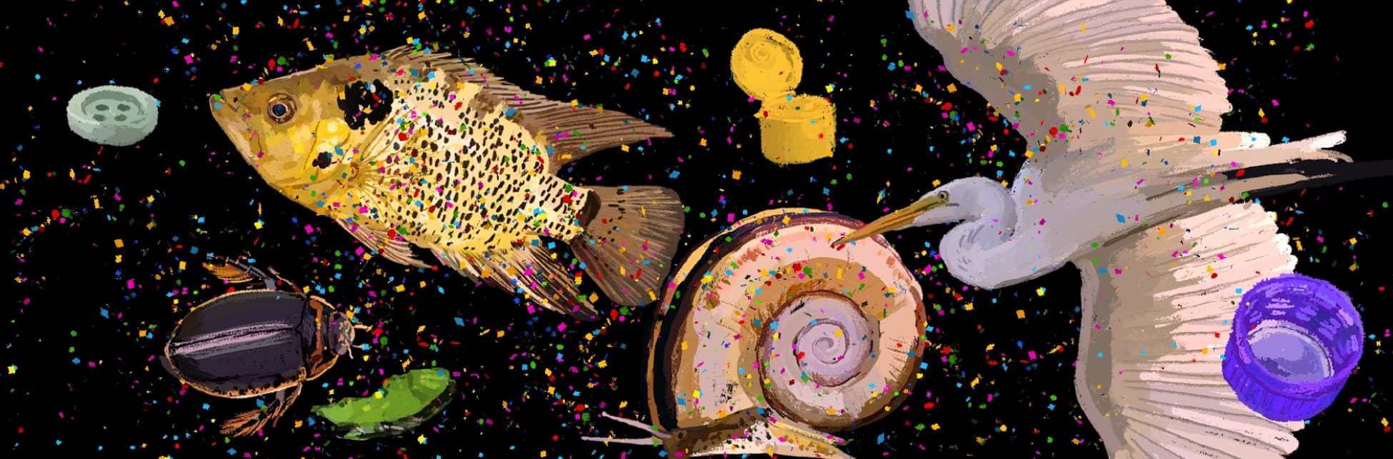 Ilustración sobre fondo oscuro con textura, donde aparecen un ave en vuelo con las alas extendidas y un pez en la parte inferior, rodeados de pequeños fragmentos de colores que simulan partículas.
