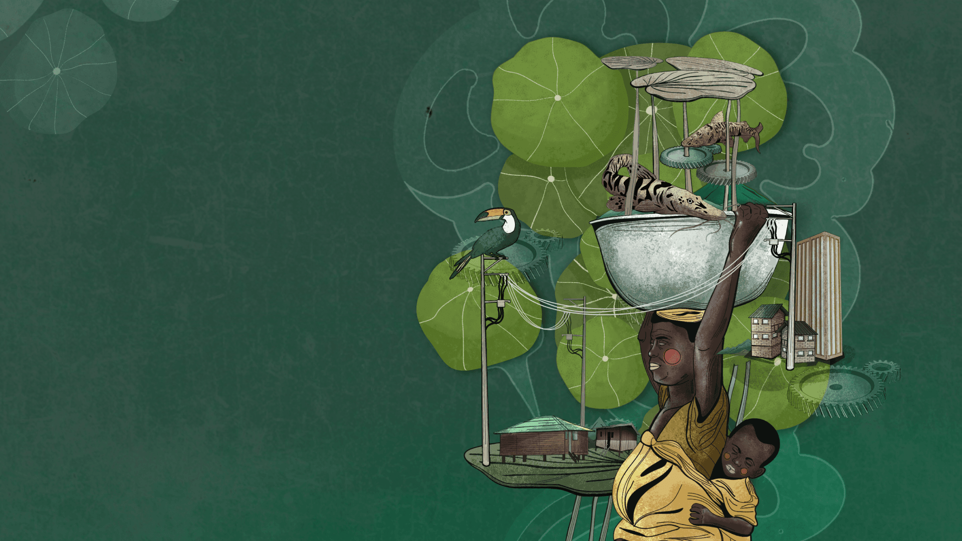 Ilustración. Sobre un fondo verde hay varios dibujos a manera de collage: una mujer afrocolombiana carga en la espalda a su hijo pequeño mientras carga una olla en la cabeza. Sobre la olla hay un pequeño caimán y se desprenden un cableado eléctrico que está unido a otros dibujos, como casas de madera y un barrio urbano de edificios de altura alta y mediana. 