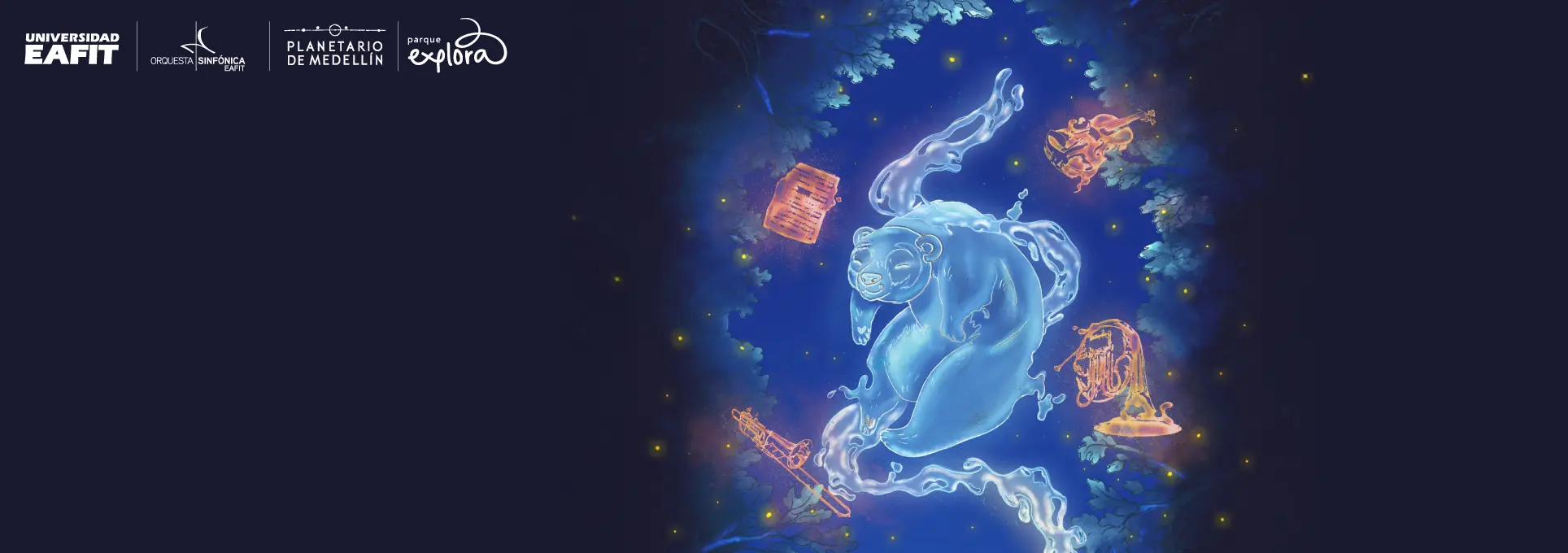 Ilustración. Sobre un fondo oscuro con pequeños puntos luminosos, en el centro aparece una figura formada por agua que representa un oso flotando entre remolinos líquidos. Alrededor del oso se observan ilustraciones de instrumentos musicales y objetos como una partitura, un violín, una trompeta y un instrumento de viento.