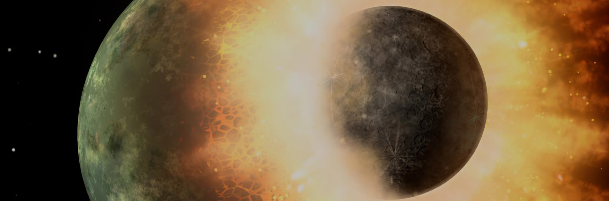 Impresión artística. Dos planetas chocando, el de la derecha es unas tres veces más grande que el de la derecha. 