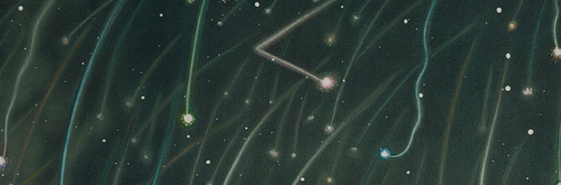 Afiche. El fondo es una ilustración que muestra un cielo nocturno con múltiples trazos de meteoros cayendo en distintas direcciones, acompañados de pequeños puntos brillantes que representan estrellas.