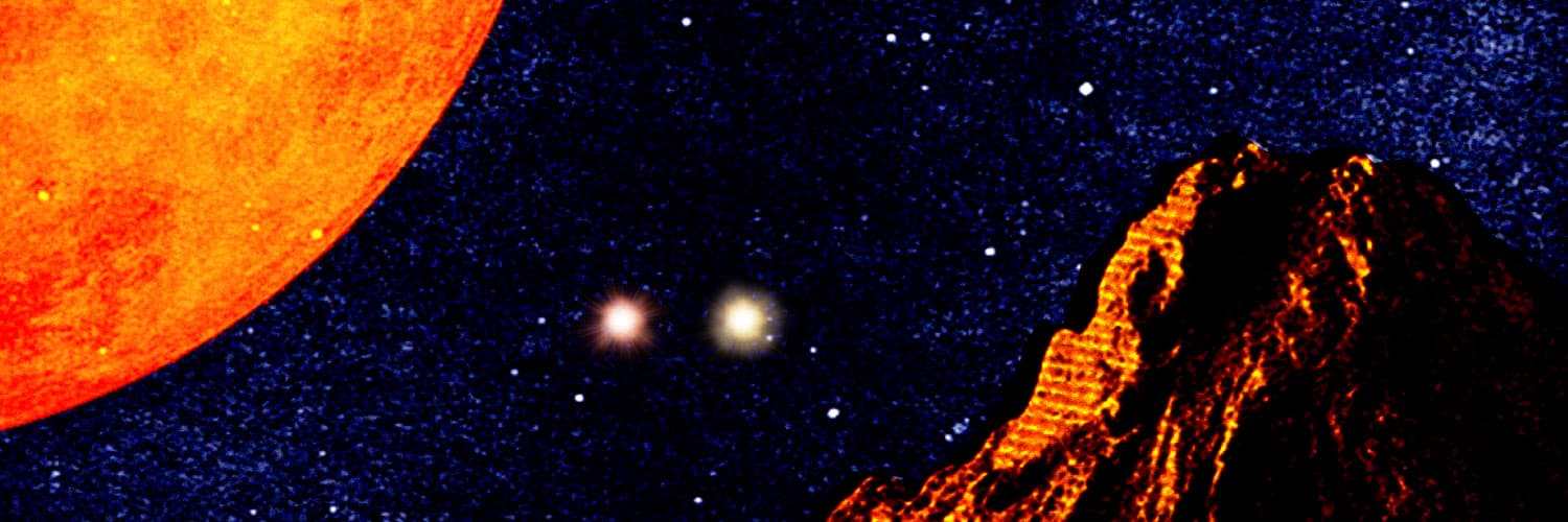 Ilustración. Sobre una base montañosa aparece un cielo estrellado en el que se ven tres círculos dos en el centro de igual tamaño y otro diez veces más grande que no se ve completo. 