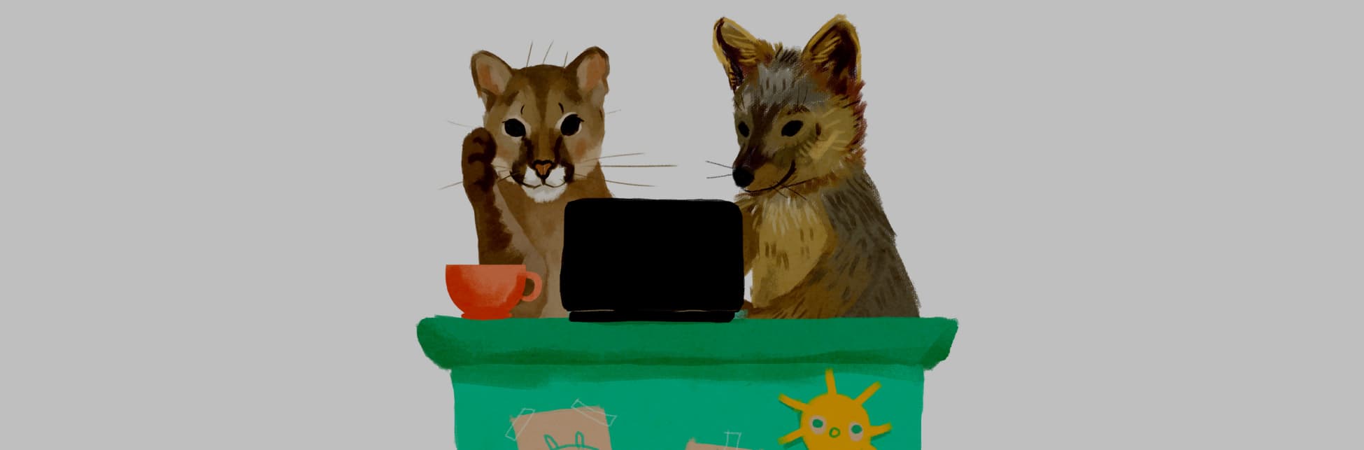 Ilustración. Detras de un escritorio, de frente, se ven un tigre y un lobo mirando la pantalla de un computador. Al lado del computador una taza sobre un plato.