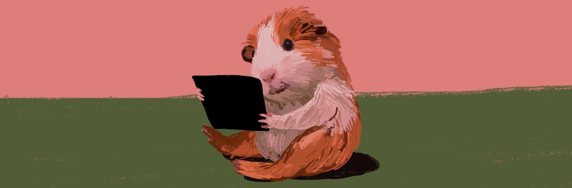 Ilustración. En la parte inferior derecha de la imagen un hamster de color café claro y blanco está sentado observando un objeto cuadrado y plano de color negro que mira con detenimiento. 