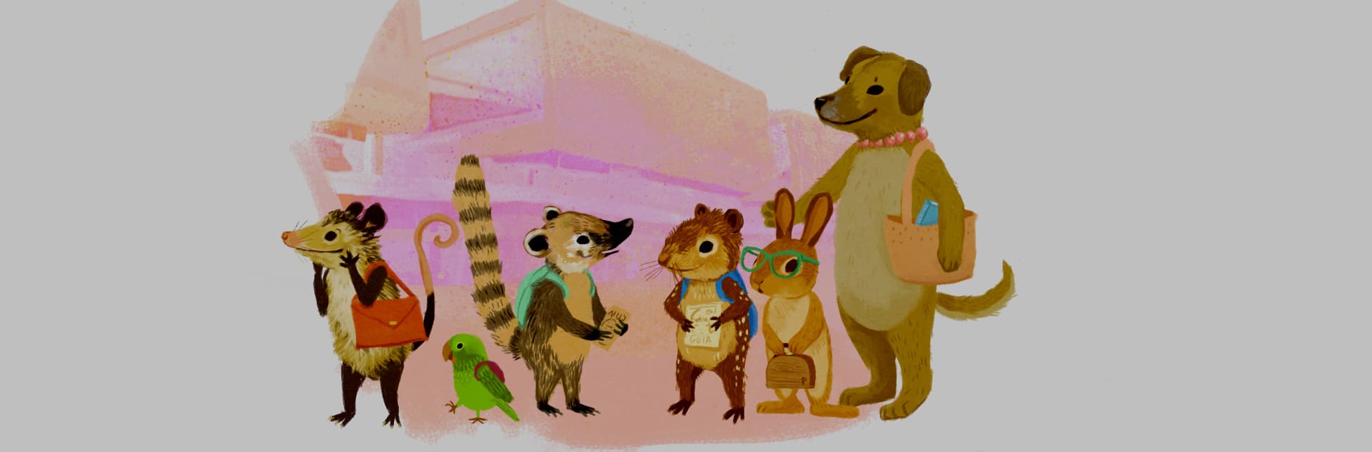 Ilustración. En la parte inferior de la imagen de izquierda a derecha una zarigüeya, un loro, un cusumbo, una paca, un conejo y una perra. Todos están de pie sobre sus patas traseras y tienen diferentes útiles escolares. 