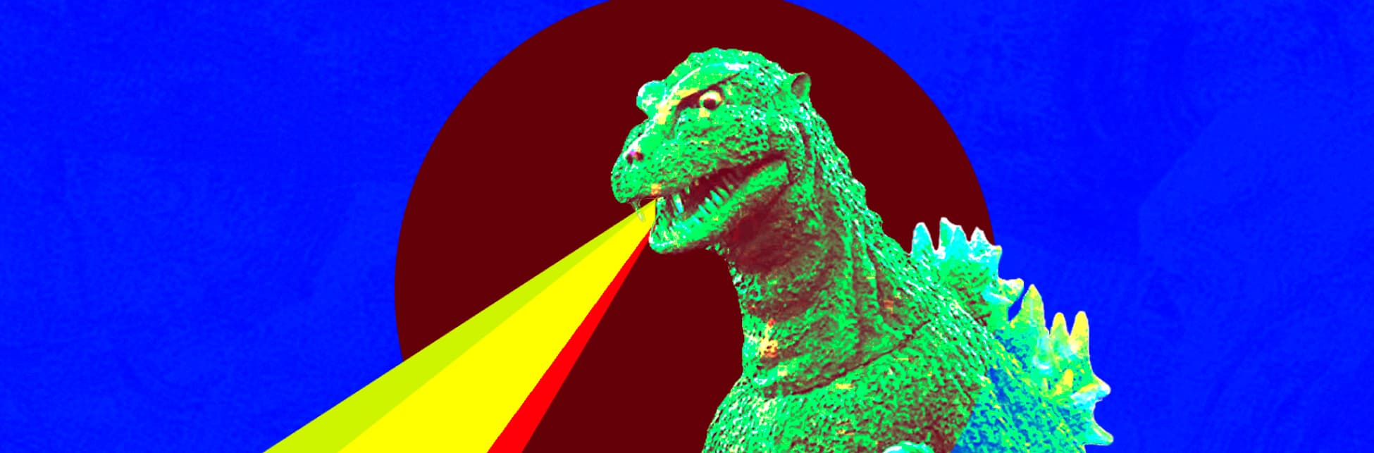 Ilustración. En plano medio y de medio perfil, una criatura bípeda con apariencia de reptil. Abre las garras de sus manos, tiene una cresta en el dorso y de su boca sale una franja de color amarillo que se hace más amplia cuando se aleja.