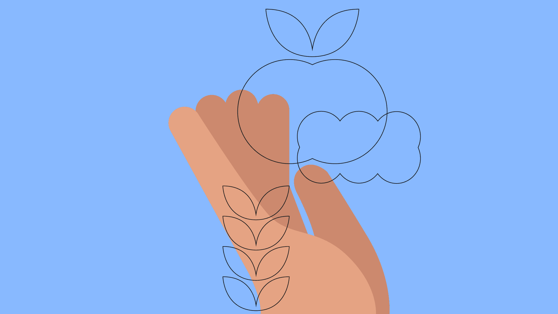 Ilustración. En el centro de la imagen aparece una mano con la palma abierta que apunta hacia arriba. Sobre ella un dibujo de una manzana y una nube. Abajo cuatro plantas de dos hojas cada una.
