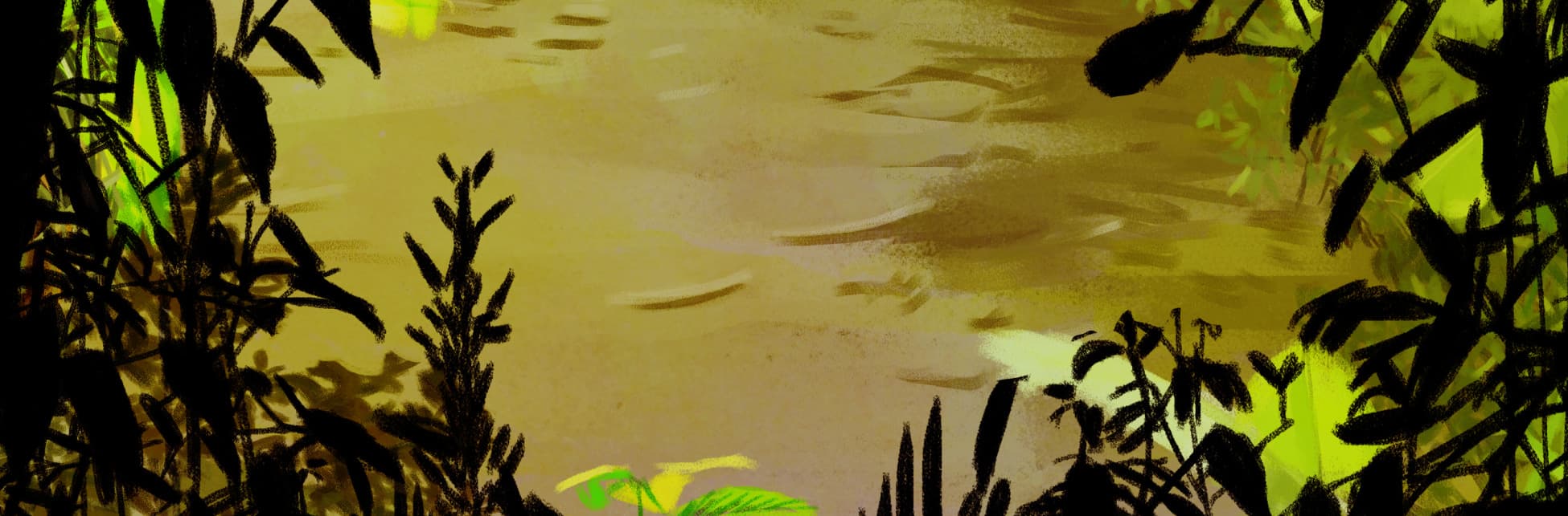 Ilustración. Al fondo se ve vegetación en tonos de verde y amarillo, en el medio el agua de un río en colores pálidos, y en primer plano la silueta de plantas. 