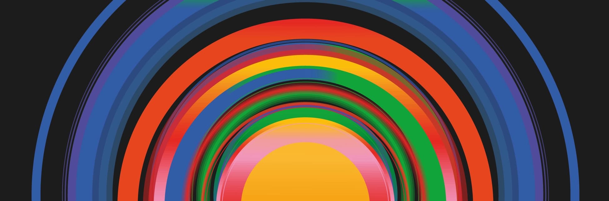 Ilustración abstracta compuesta por numerosos arcos concéntricos que ocupan casi toda la imagen. Las franjas se superponen en tonos azules, verdes, rojos, naranjas, amarillos, rosados y negros. En la parte inferior central aparece un semicírculo amarillo rodeado por bandas rosadas, verdes y oscuras.
