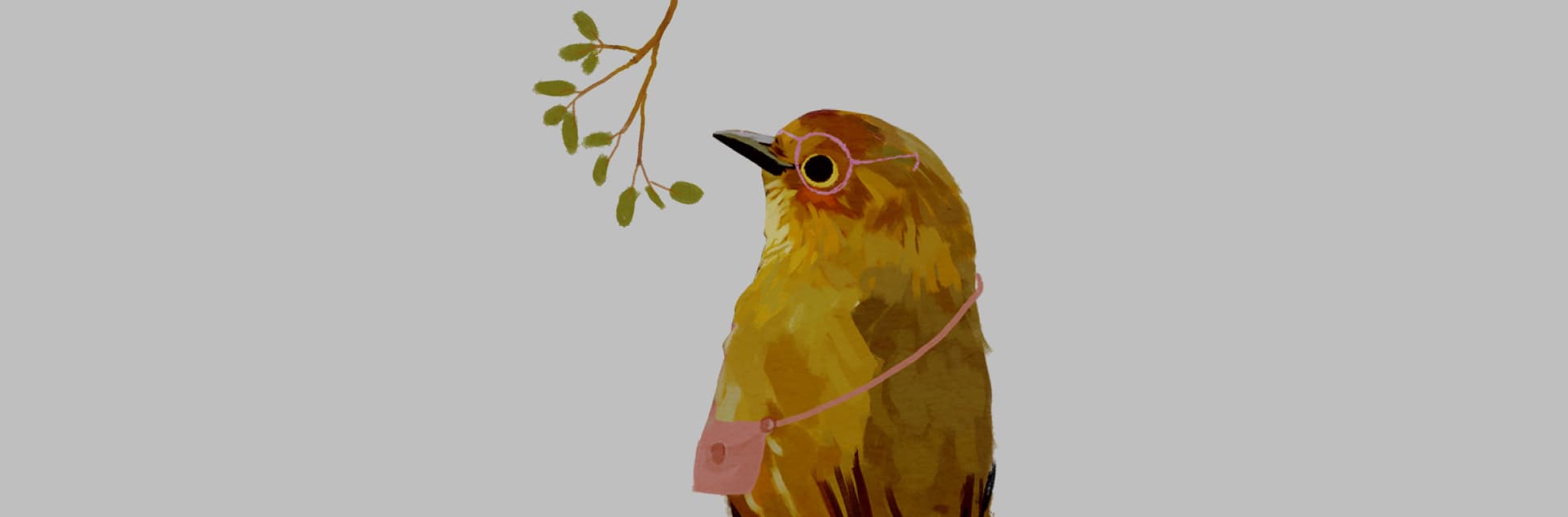 Ilustración. Un pájaro de cuerpo completo y de perfil mirando hacia la izquierda. Tiene gafas y lleva un bolso que cuelga de su cuello.