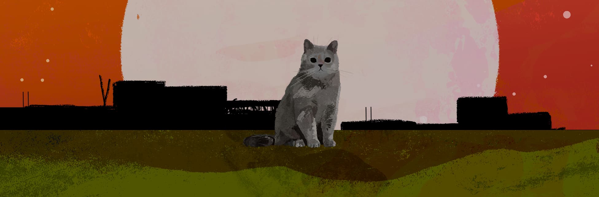 Ilustración de un gato sentado frente a la silueta de un barrio y un gran círculo que representa un astro.