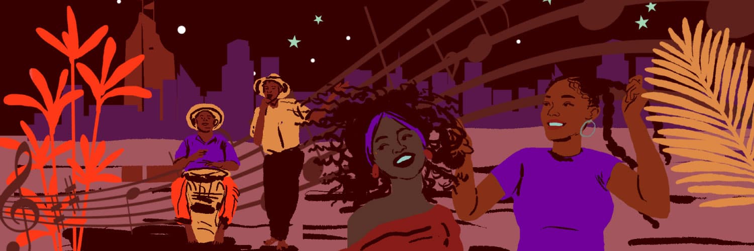 Ilustración. En la parte inferior de la imagen dos mujeres afro de frente y en primer plano, una tiene el cabello rizado y la otra tiene dos trenzas, ambas sonríen. Detrás de ellas dos hombres afro, uno toca un bongó y otro tiene un micrófono en la mano. Detrás, la silueta de varios edificios y un cielo estrellado atravesado por una partitura musical. 