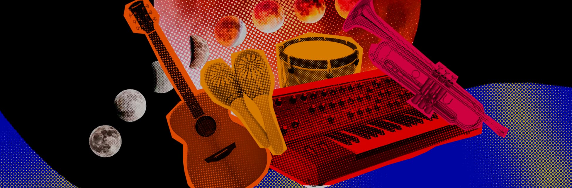 Ilustración con una Luna y una secuencia de sus fases, acompañadas por instrumentos musicales: trompeta, tambor, maracas, teclado y guitarra.
