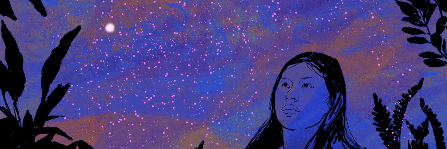 Ilustración. Sobre un fondo estrellado aparecen las siluetas de varias plantas aparece una mujer con rasgos indígenas de medio perfil en primer plano que mira ligeramente hacia arriba. 