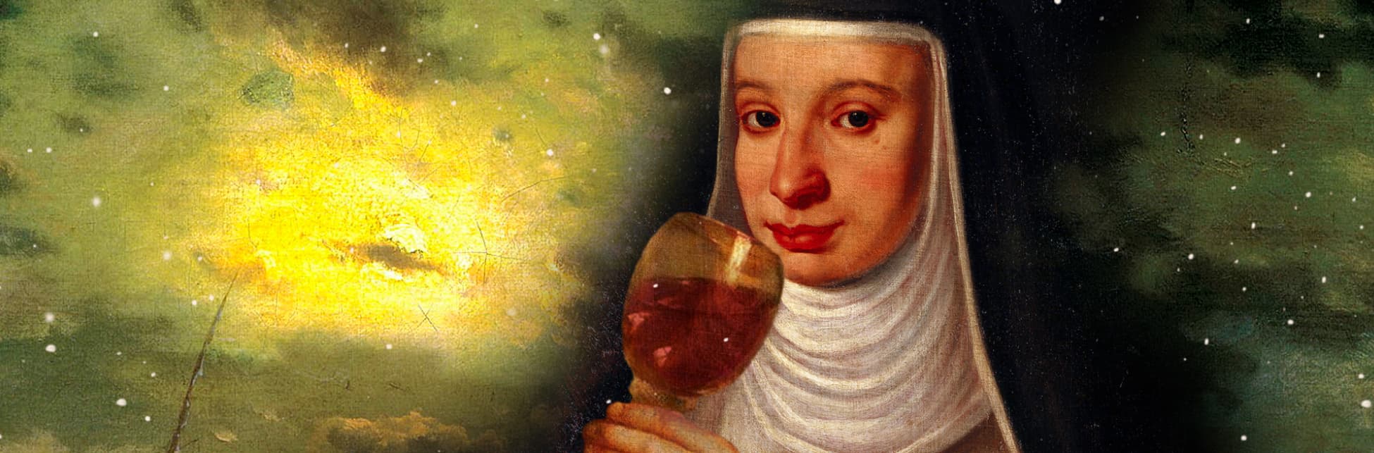 Ilustración. Sobre un fondo con una nebulosa y estrellas, aparece en la parte derecha de la imagen el retrato de una monja con hábito sosteniendo cerca a su boca una copa de vino. 