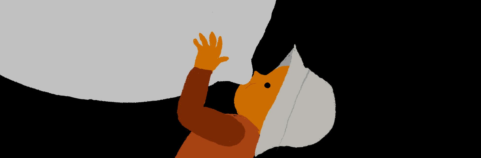 Ilustración. De perfil y desde el torso hacia arriba, se ve un bebé con sombrero blanco. Tiene la boca abierta y se está acercando a un seno muy grande de color blanco, lo que sugiere que está en el acto de amamantar.