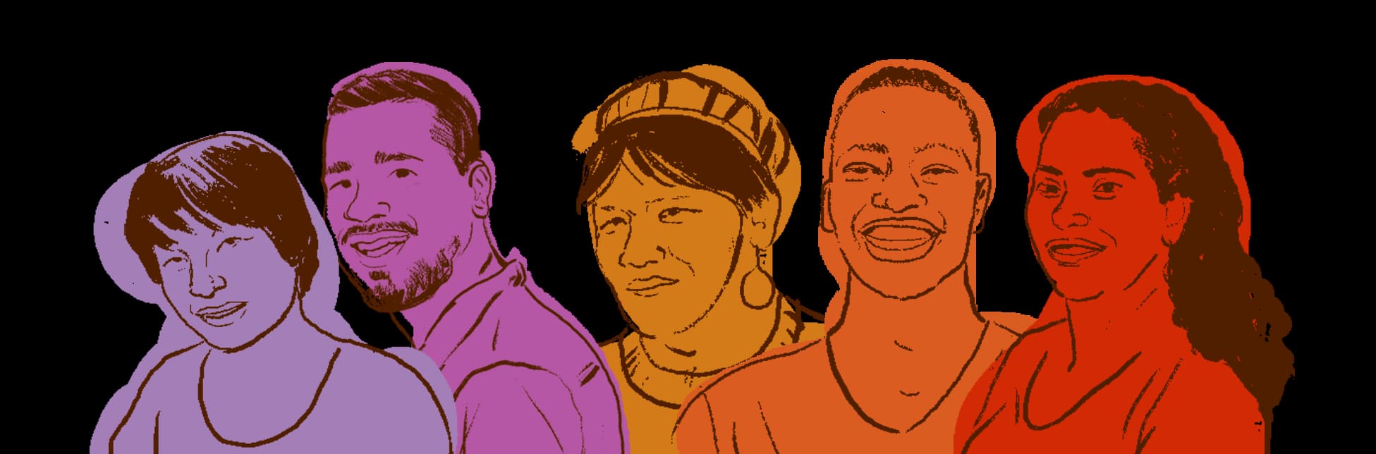 Ilustración. Sobre un fondo negro, en la parte inferior derecha se encuentran ilustraciones de personas diversas en tonos naranjas, lilas y rosados.