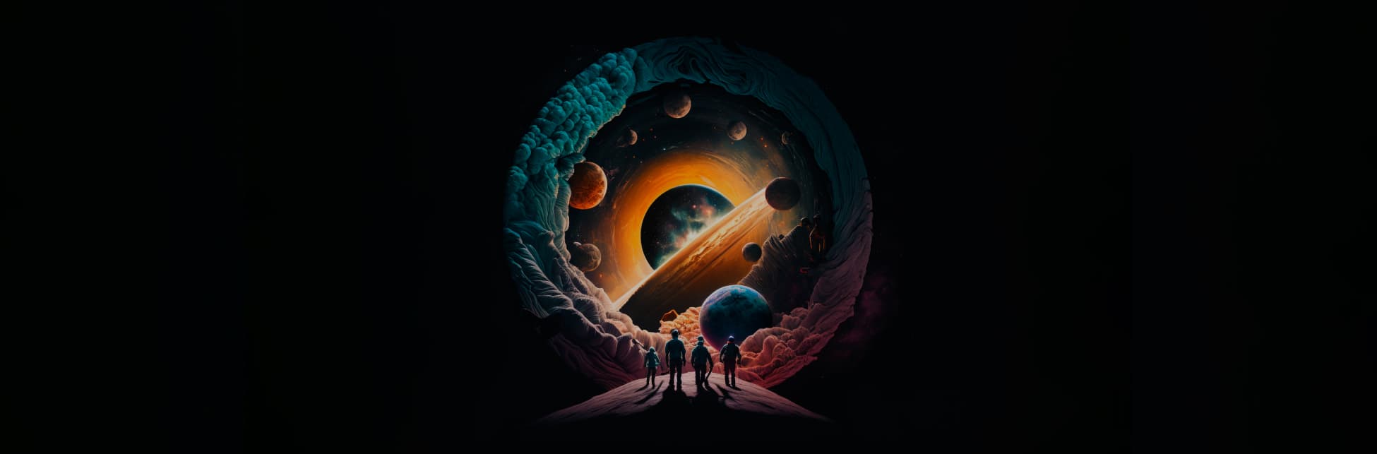 Ilustración. Sobre un fondo negro se abre un portal que muestra diversos planetas. En primer plano tres personas sobre la superficie de un planeta están de espaldas mirando hacia el portal circular.