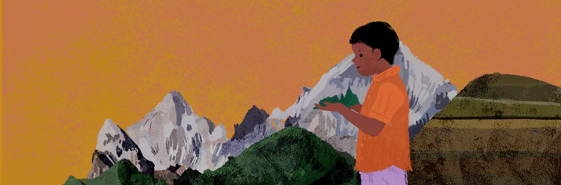 Ilustración. Sobre un fondo con tonalidades cálidas y texturas que simulan una pintura, aparece un niño de pie, de perfil, con camiseta naranja y pantalón lila, observando una pequeña montaña que sostiene con ambas manos. A su lado, hay un perro pequeño de color marrón, mirando hacia el frente. Al fondo se observa un paisaje montañoso con picos nevados.