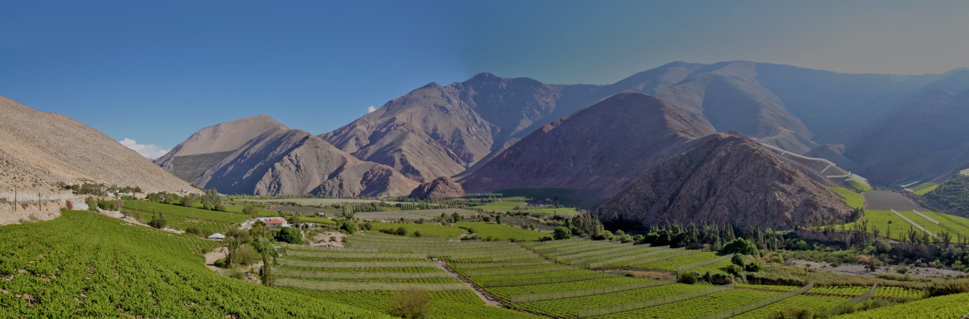 Foto horizontal. Sobre un cielo claro y despejado, en la parte inferior de la imagen aparece un campo abierto y plano en el que se observan algunas franjas. Al fondo varias montañas que se sobreponen.
