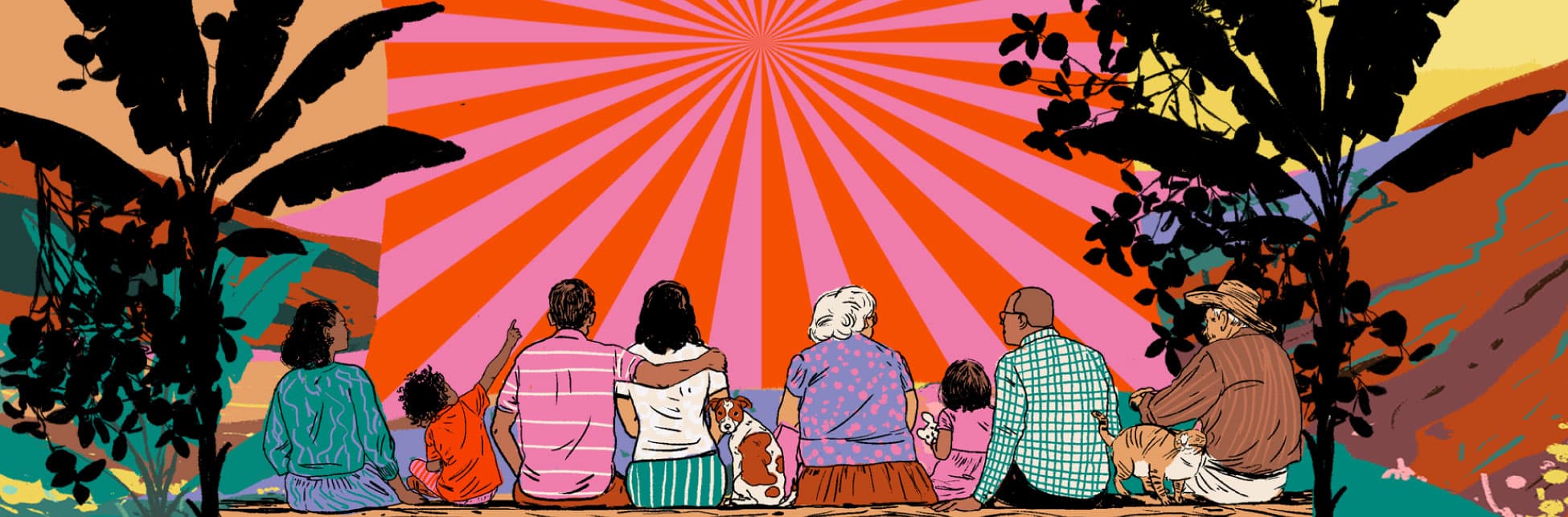 Ilustración. De espaldas, ocho personas, un perro y un gato. Parecen mirar un telón sostenido entre árboles frutales.