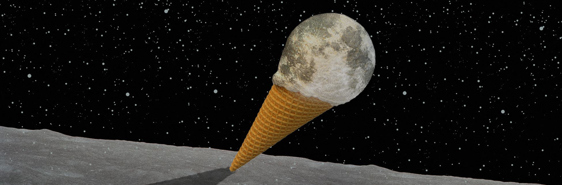 Ilustración. Sobre un fondo estrellado aparece un cono de helado que en vez de helado tiene la luna, un círculo gris con zonas más oscuras.