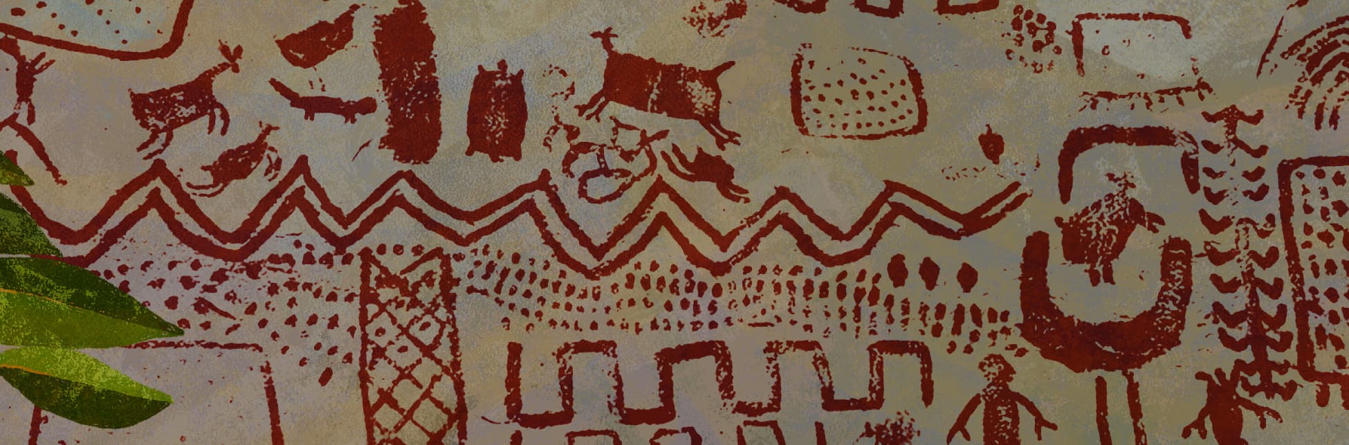 Foto. Sobre un fondo claro aparecen dibujos con pintura roja en la que se diferencian animales, personas y formas cuadradas, triangulares y puntos.