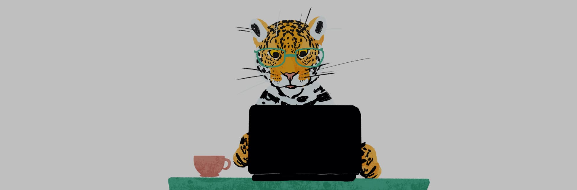 Ilustración. En la parte derecha de la imagen un tigre de cuerpo completo y de frente, tiene unos lentes color verde azul. Está sentado frente a una mesa que tiene sobre ella un computador.
