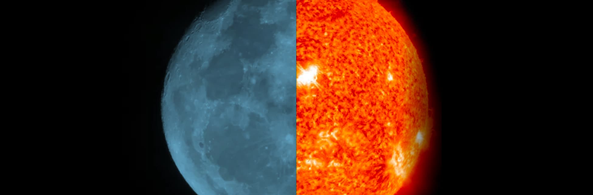 Ilustración. Fondo compuesto por la mitad de una imagen de la Luna en tonos azules y la otra mitad del Sol en tonos naranjas y amarillos.