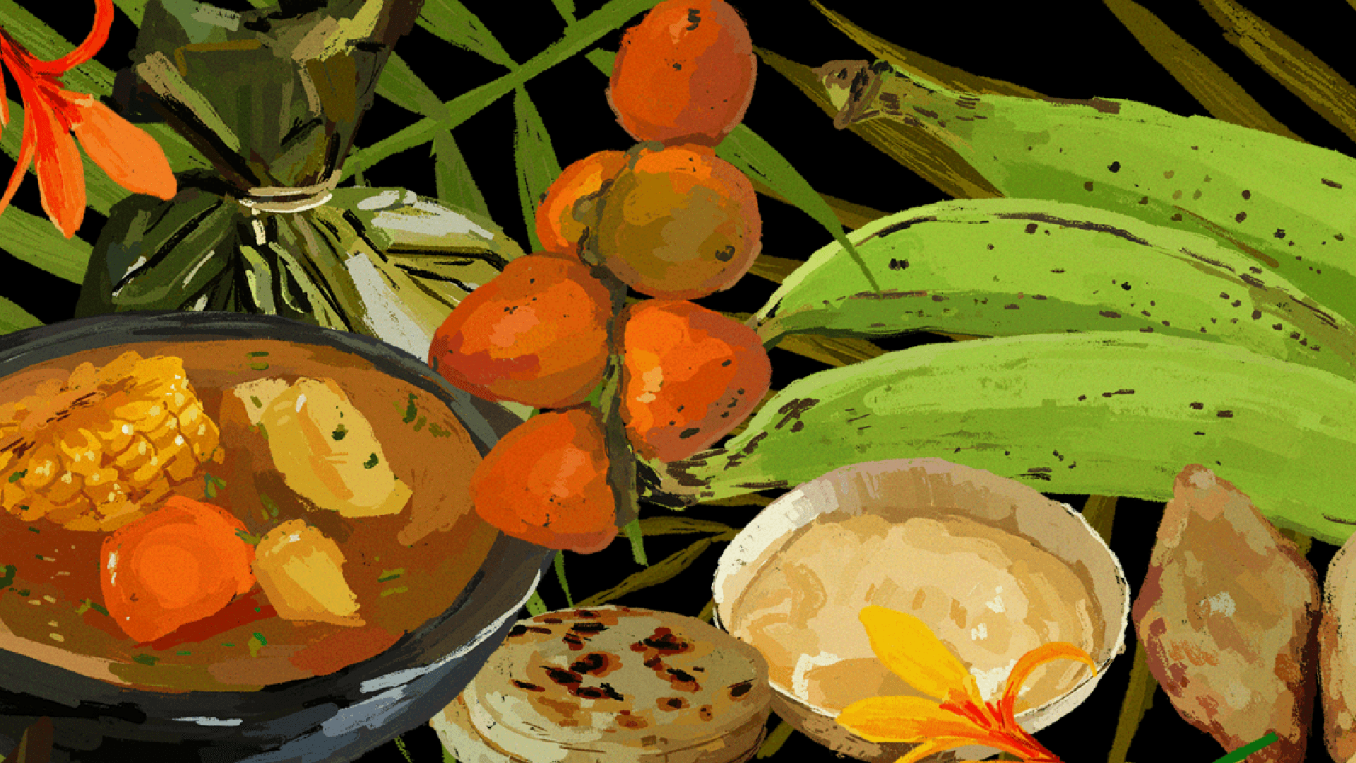 Ilustración. Aparecen diferentes alimentos tales como tres plátanos, dos arepas, un ramillete de chontaduros y una sopa con papa y mazorca.
