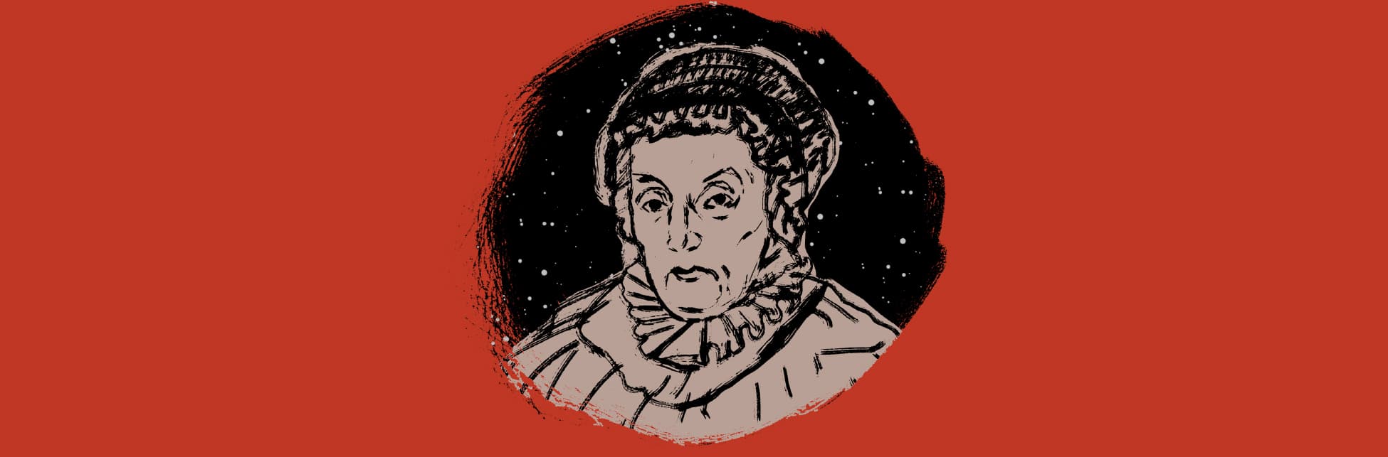 Ilustración. Sobre un fondo naranja, en plano busto, aparece el retrato ilustrado en tonos sepia de la astrónoma Caroline Herschel. 