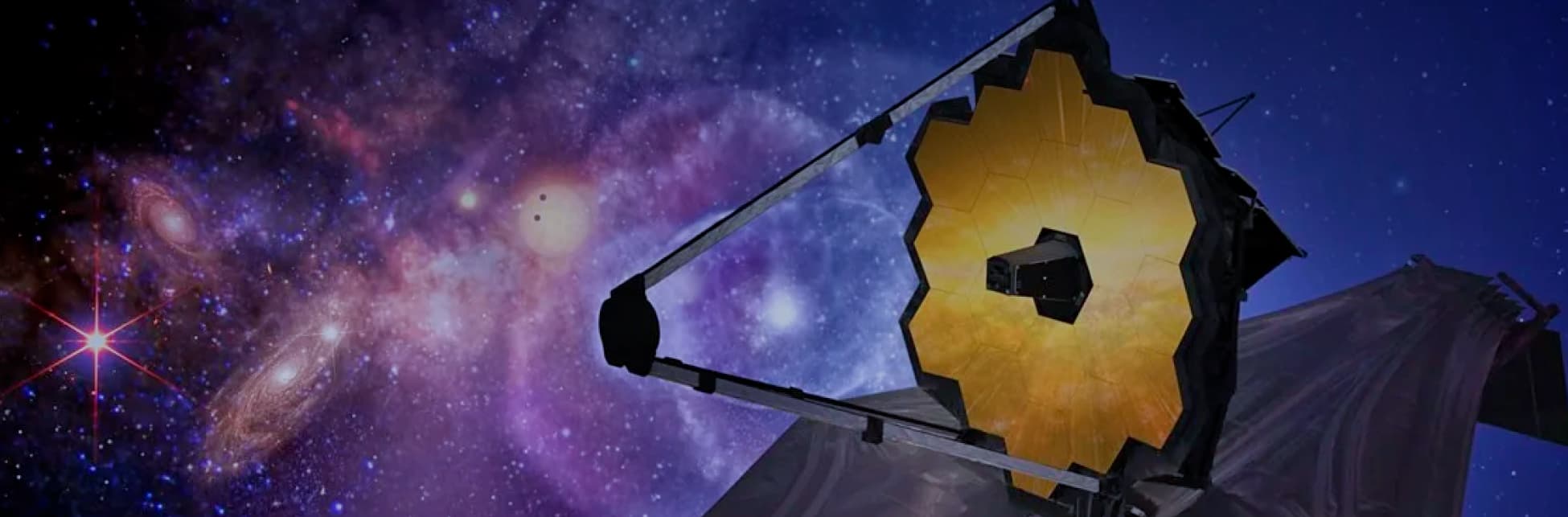 Ilustración. Fondo con destellos y colores que forman diferentes galaxias, en el extremo derecho de la imagen el telescopio James Webb, Este simula la forma de un panal de abejas sobre el cual hay tres soportes que se unen y forman un triángulo, esta figura esta sobre una base en forma de rombo.