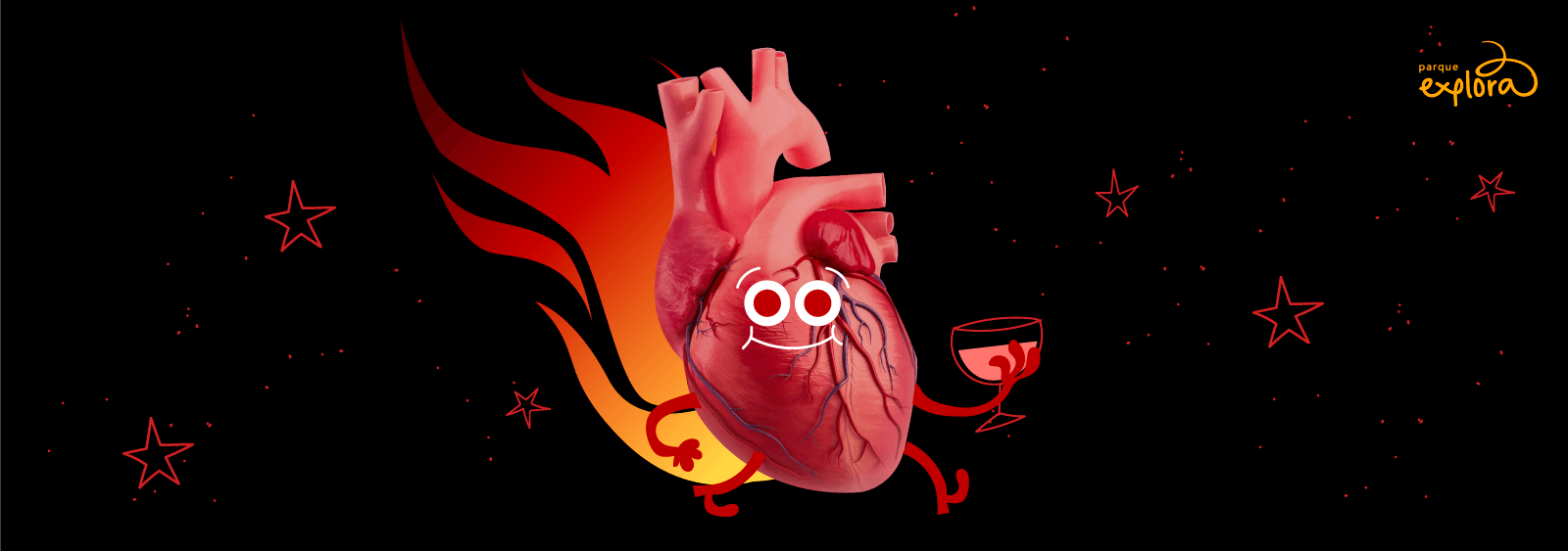 Ilustración. Sobre un fondo negro estrellado, aparece un corazón rojo con ojos y una copa de vino en la mano que está en llamas 