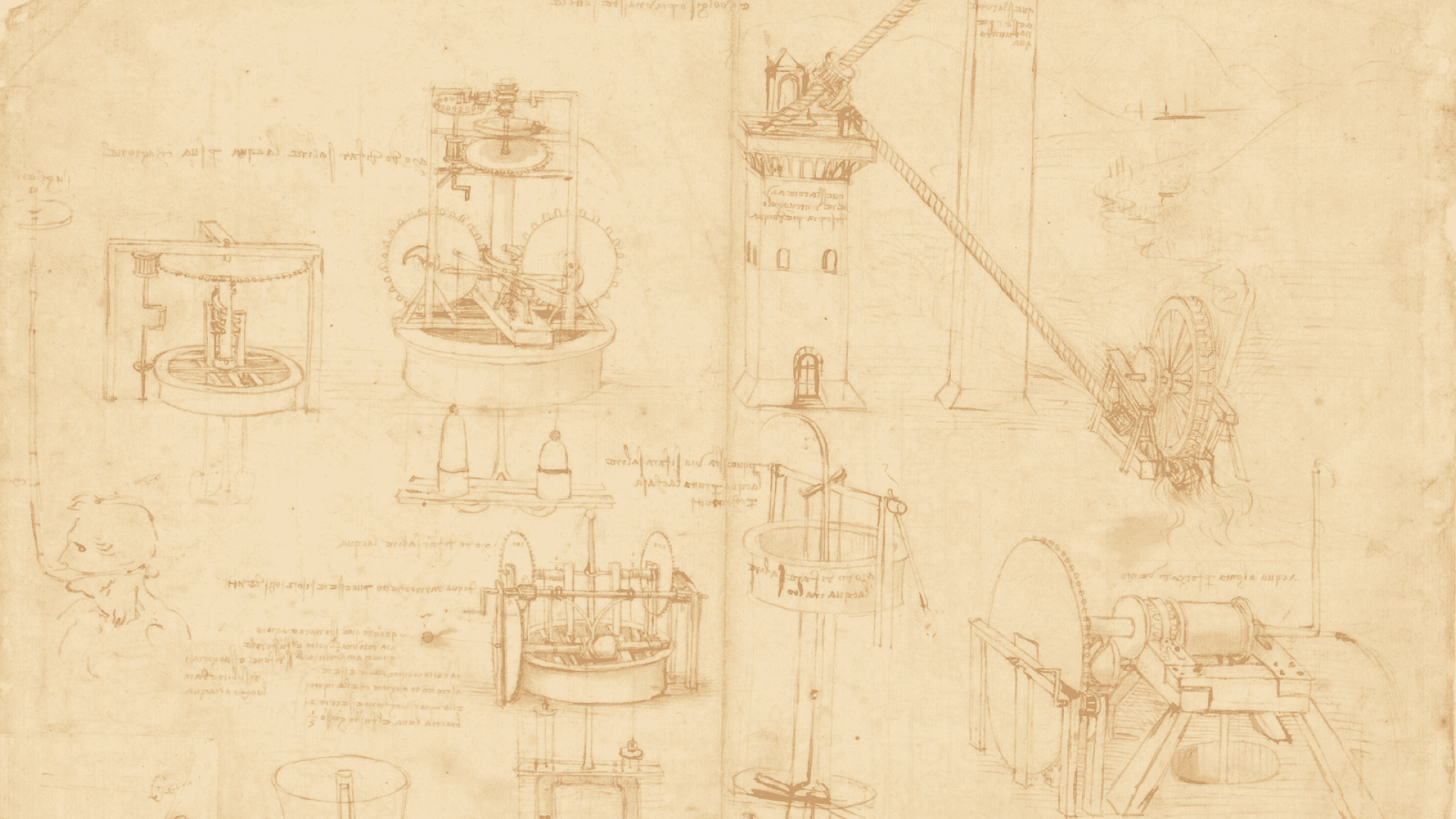 Ilustración. Aparecen seis dibujos de máquinas hechos por Leonardo da Vinci, compuestas principalmente por poleas, como un molino.