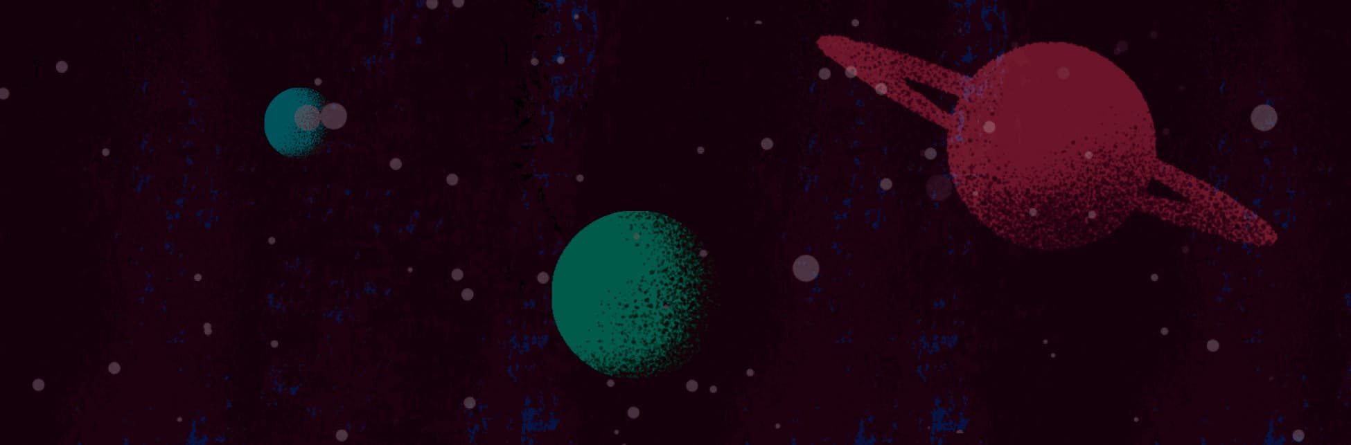 Ilustración. Sobre un fondo oscuro tres esferas, como planetas, de colores verde y fucsia. 