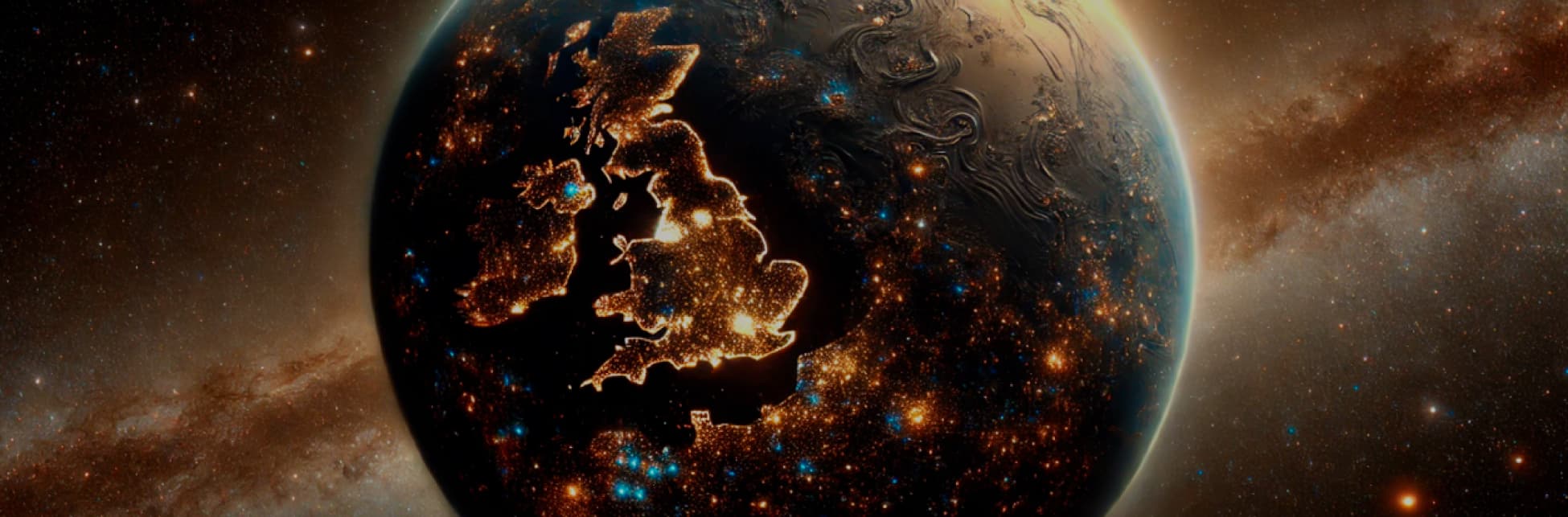 Ilustración. Sobre un fondo estrellado, un planeta iluminado por luces artificiales muestra continentes visibles en la oscuridad del espacio.