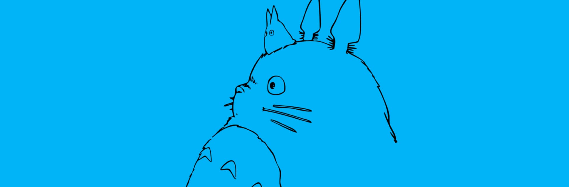 Ilustración. Sobre un fondo azul, se encuentra la silueta de Totoro, un personaje del Studio Ghibli, en un trazo simple y de color negro.