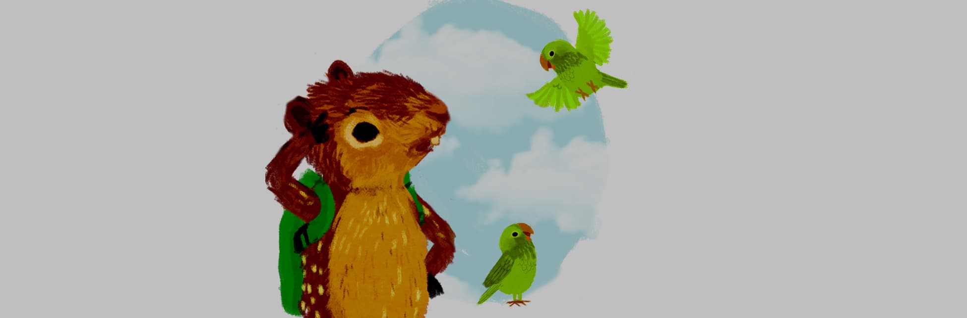 Ilustración. En la parte inferior de la imagen una paca, un animal de orejas y hocico corto y cuerpo café con pequeñas manchas blancas, está de pie sobre sus patas traseras y tiene un morral en la espalda, apoya una de sus patas delanteras sobre su cabeza expresando intriga mientras mira dos loros que tiene al frente. 