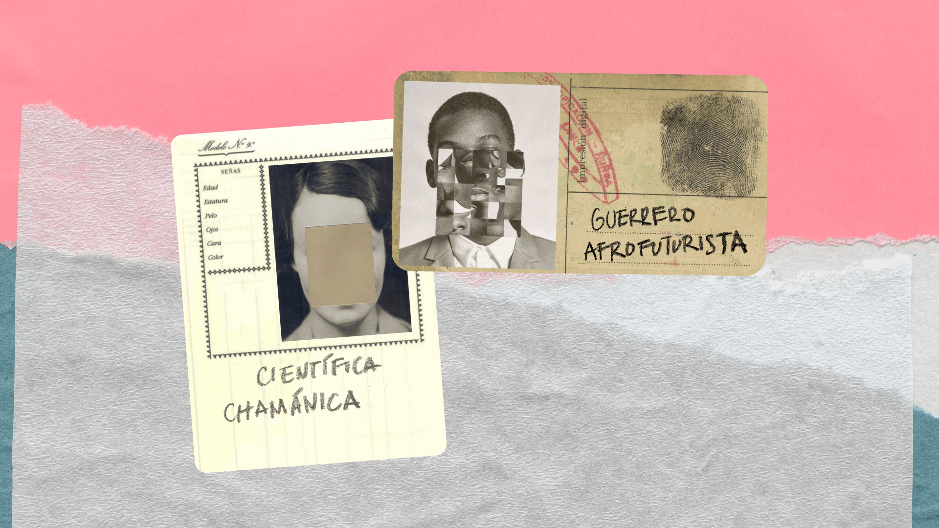 Ilustración. En el centro de la imagen dos documentos de identificación alternativos. El de la izquierda tiene la foto en primer plano de una mujer peinada de lado. Sobre su rostro tiene un cuadrado que le tapa los rasgos. El de la derecha tiene la foto en primer plano de un hombre al que se le ven las cejas pero el resto del rostro está descuadrado, su nariz, boca y ojos aparecen en otro orden. A la derecha texto que dice: "Guerrero afrofuturista".
