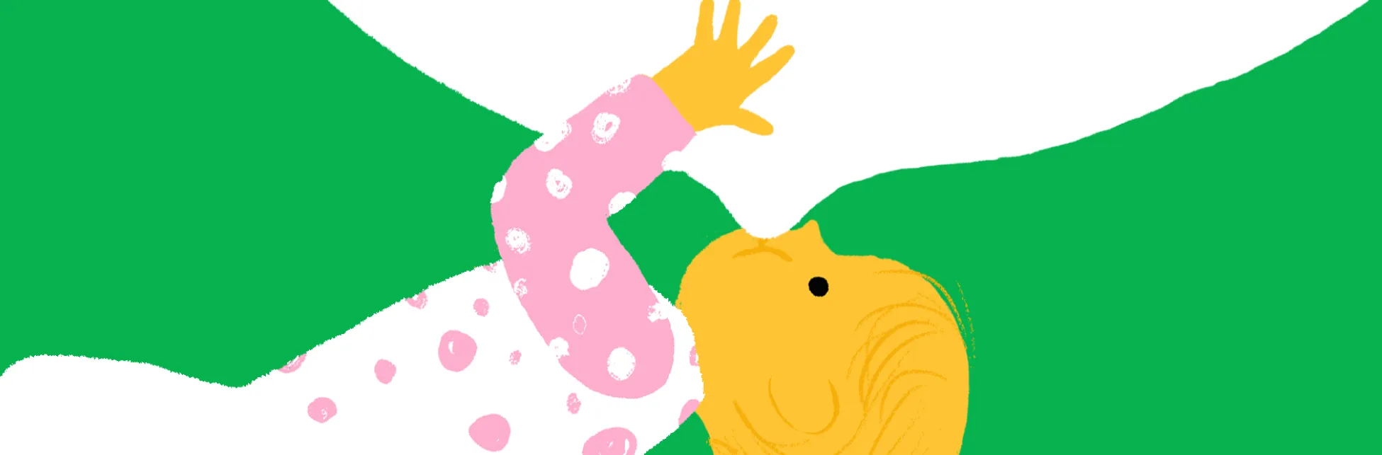 Ilustración. Sobre un fondo blanco con formas curvas verdes, se encuentra la imagen de un bebé con cabello amarillo y pijama rosada con puntos blancos, que extiende la mano y se lleva el rostro al pecho de una figura no visible. 