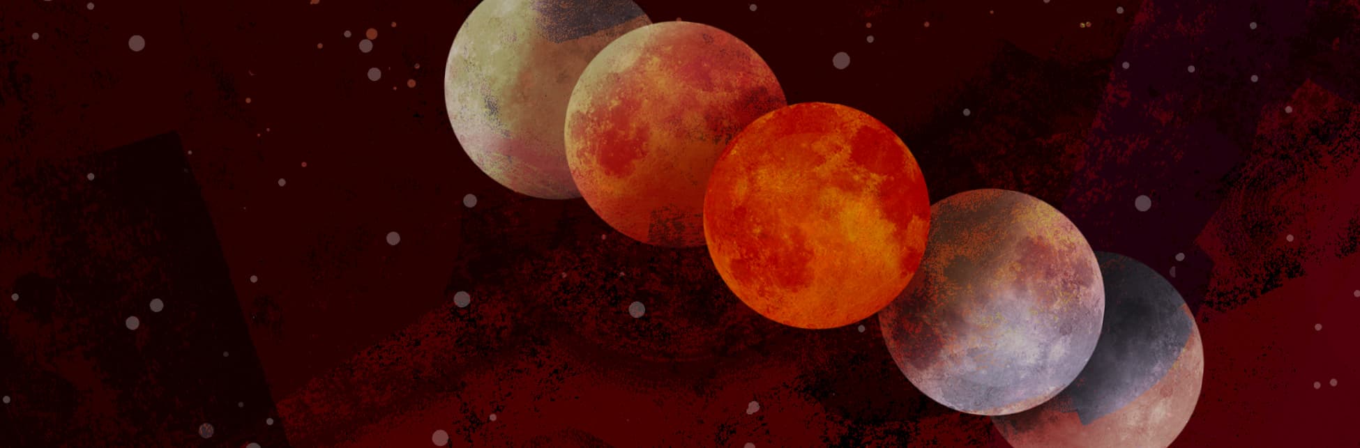 Ilustración. Sobre un fondo rojo oscuro con texturas y pequeños puntos blancos, aparecen cinco representaciones de la Luna en distintas fases del eclipse, pasando de un tono grisáceo a un color rojo intenso. 