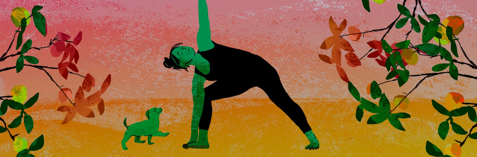Ilustración. Una persona practicando yoga en una postura con un perro verde cercano, sobre un fondo colorido con hojas decorativas. 