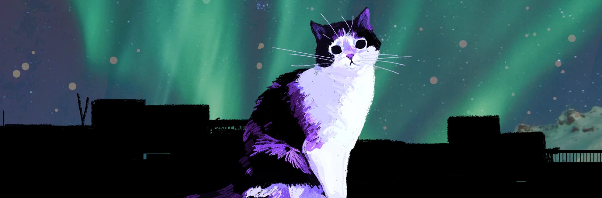 Ilustración. De perfil un gato de pelaje negro y blanco está sentado y mirando a quien ve la imagen.