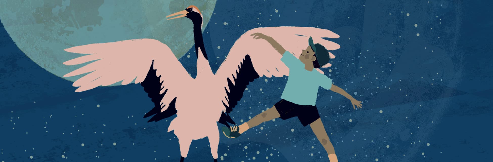 Ilustración. Sobre un cielo estrellado aparecen un niño y un ave un poco más grande que él con las alas desplegadas, tiene cuello largo, cabeza pequeña y pico largo. Ambos tienen un posición que parece que bailaran.