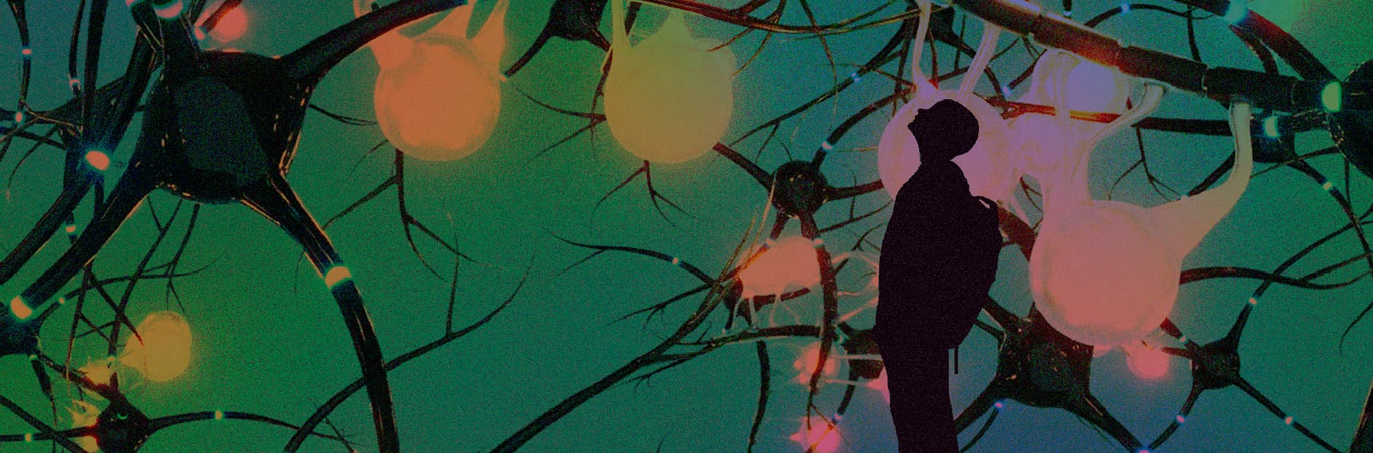Ilustración. Sobre un fondo que representa una red neuronal con tonos verdes y luces rojizas, aparece la silueta de una persona de pie y de perfil mirando hacia arriba. 